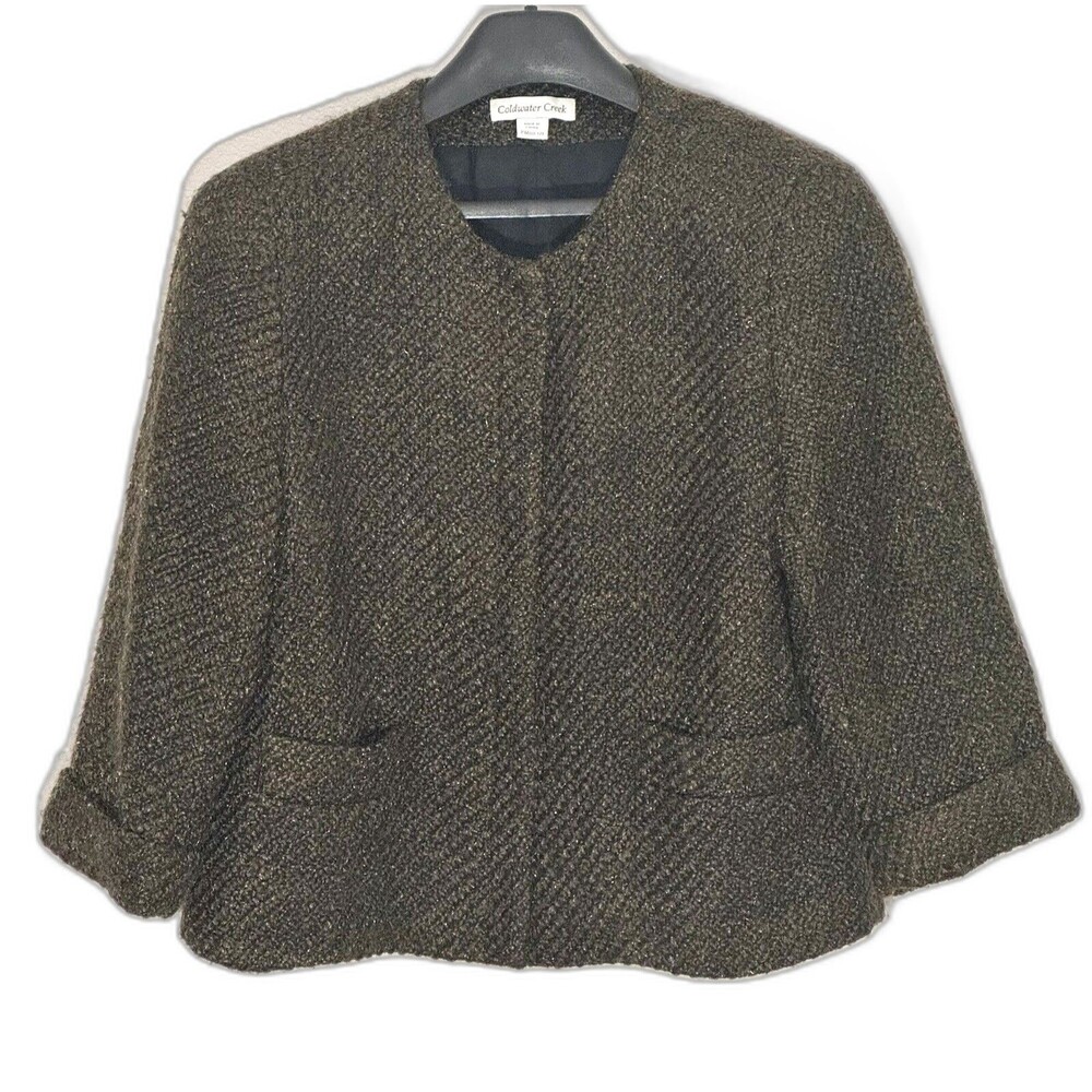 Coldwater Creek Tweed Jacket Blazer 3/4 Sleeve Metallic Brown